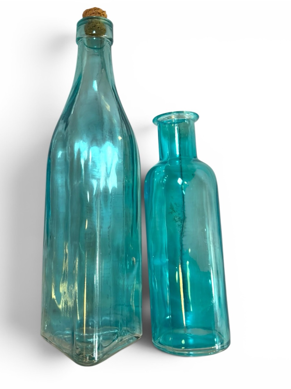 Vintage Aqua Glass Bottle Lot 10” Triangular Cork Apothecary Turquoise Blue Vase